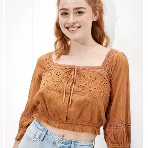 American Eagle Puff Sleeve Lace Blouse Women's Size S Brown Shirt